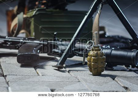 soviet russian weapon: weapon pile on the ground