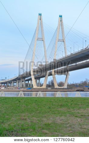 Cable-braced bridge across the river Neva on the outskirts of St. Petersburg Russia.