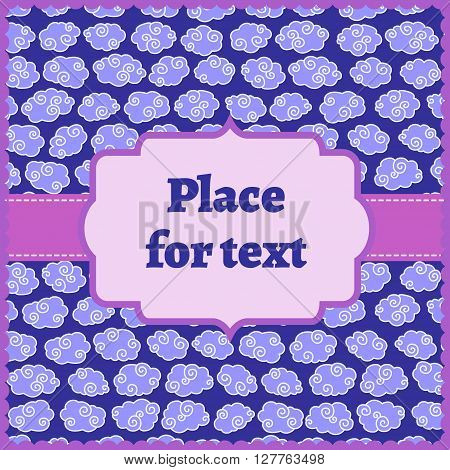 Beautiful card with image of hand drawn clouds and place for text. Vector illustration.
