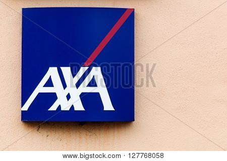 Saint Georges, France - March 20, 2016: AXA is a French multinational insurance firm headquartered in Paris that engages in global insurance, investment management and financial services