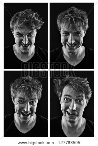 collection of crazy young man emotions on a black background
