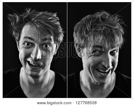 collection of crazy young man emotions on a black background