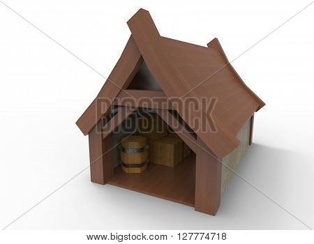 3d illustration of simple building. low poly triangles and polygons style. japan style. The place where the goods are stored. isolated on white background with shadow. icon for game web.