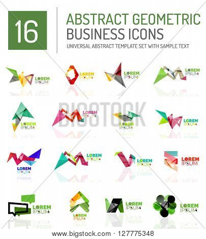 Abstract geometric business logo icon set. Colorful geometrical figure compositions with light effects - triangles circles rings arrows lines