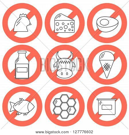 Vector icons with food prohibited for vegans. Healthy lifestyle. Go vegan concept. Vegan rules for health. Outline objects with prohibited sign: meat dairy products fish poultry eggs honey