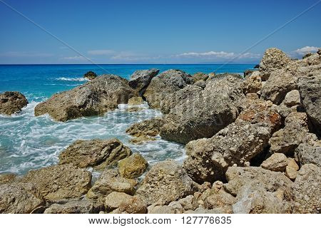 Panoramic view of Megali Petra beach, Lefkada, Ionian Islands, Greece