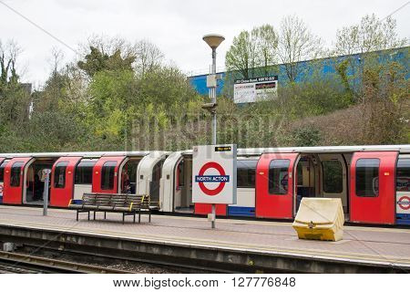 London UK - April 18: London Underground North Acton Tube station two days before Queen Elizabeth II 90th birthday on April 18 2016
