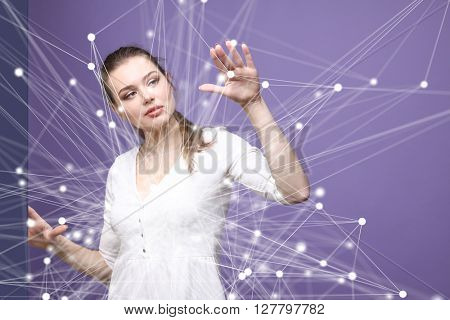 Global network concept, woman working with futuristic computer interface.