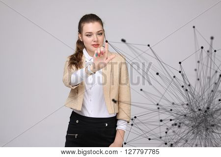 Global network connection concept, woman working with futuristic computer interface.