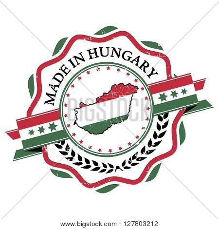 Made in Hungary grunge printable label. Grunge label - Made in Hungary, with Hungarian national flag colors and map. CMYK colors used.