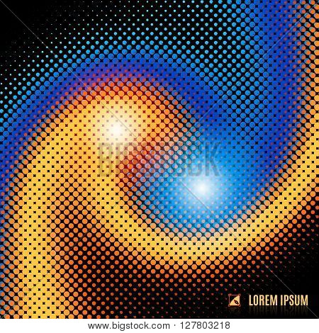 abstract yellow and blue flamy fiery blurred curve decorative space background with halftone geometric element spiral stream swirl flame and vortex