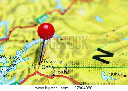 Odda pinned on a map of Norway