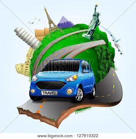 Vector Small Green Planet with Blue Travel Car together with Plane and World's Famous Landmarks