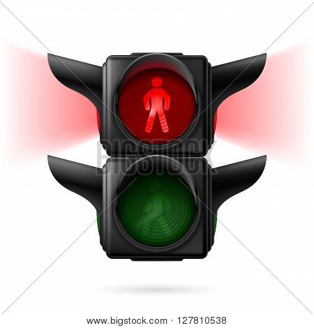 Realistic pedestrian traffic lights with red lamp on and sidelight. Illustration on white background