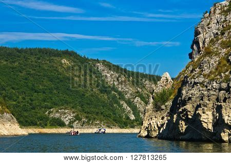 Rocky landscape of river Uvac gorge at sunny summer morning, southwest Serbia
