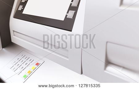 Closeup of ATM machine with blank display. Sideview Mock up 3D Rendering