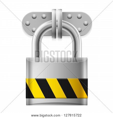 Metal padlock with yellow and black striped sign on white