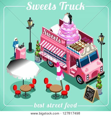 Sweet Breakfast Food Truck Delivery Master. Street Food Chef Web Template. 3D Flat Isometric Vehicles Food Truck Infographic Isolated Vector Image
