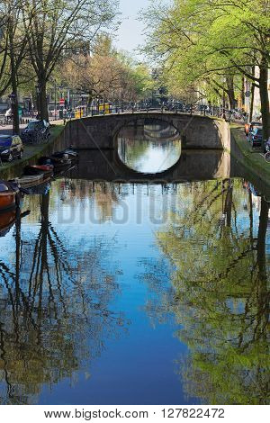 Bridge over canal with mirror reflections, Amstardam, Netherlands