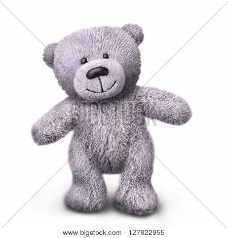 Walking grey teddy fur bear isolated on white background