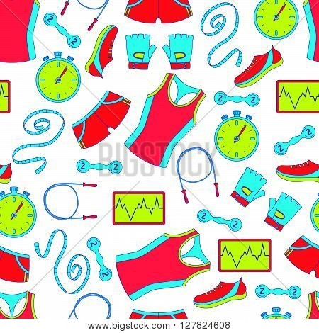 Sports seamless pattern with fitness icons in flat style.