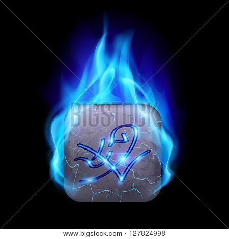 Mythic rectangular stone with magic rune burning in blue flame