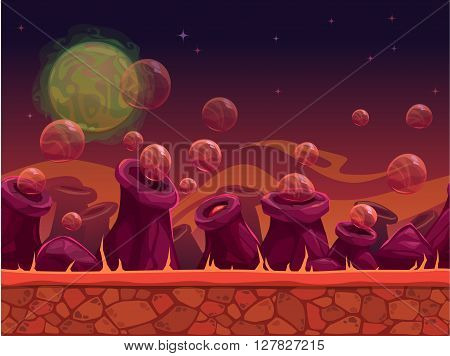 Scary another world vector seamless background for game design, separated layers for parallax effect, alien planet outdoor landscape in red colors
