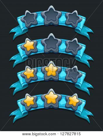 Cool cartoon game XP rating icons, level complete vector templates, stars rank on blue ribbon, assets for game design, GUI elements