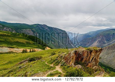 Chulyshman mountain valley from height of Summer Rain River Falls