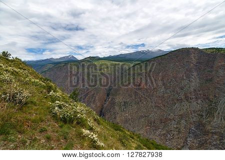 Chulyshman mountain valley from height of Summer Rain River Falls