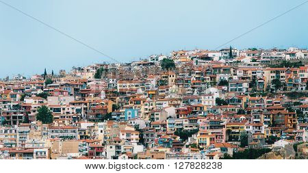 Aerial panoramic view of the colorful Thessaloniki city