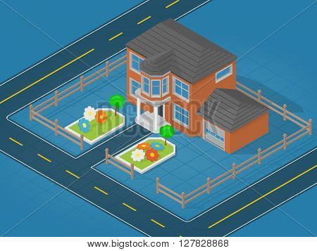 Isometric scene representing modern house and adjoining area with flower bed - vector illustration