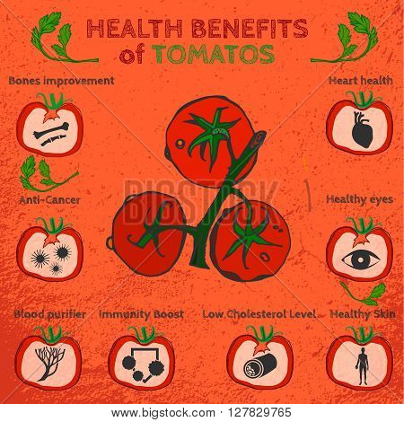 Health benefits of ripe tomatoes. Medicine icons and elements in hand drawn style on a textured background. Vector illustration made in orange, red and green colors.