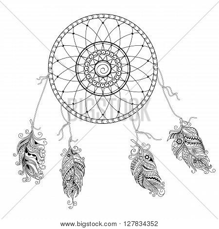 Hand drawn decorated image with doodle feathers and dream catcher isolated on white. Boho style. Image for adult and children coloring book pages tattoo decorate dishes cups porcelains shirts dresses bags tunics. EPS 8.