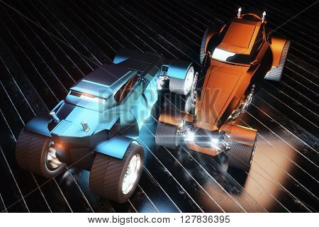 Blue and orange Hot Rod cars on black planks. 3D Rendering