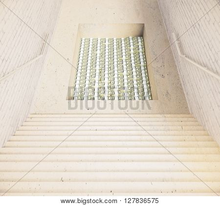 Stairway leading to hole filled with money. 3D Rendering