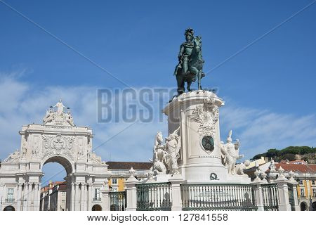 Arco da Rua Augusta and King Jose I equestrian monument in the famous Praca do Comercio square in Lisbon