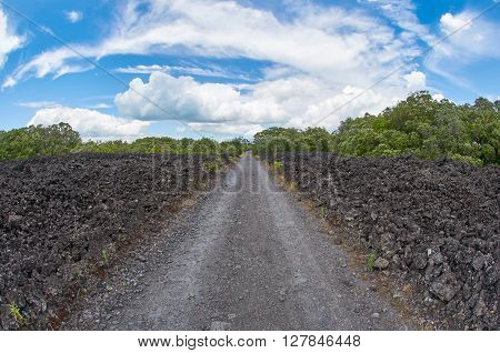 A road leading to the horizon with a background of blue skies and clouds