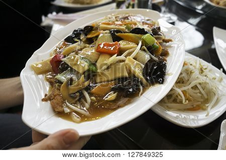 Fresh duck asian dish - chop suey close up