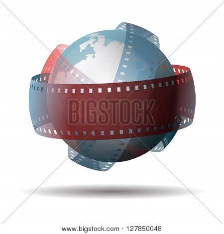 International animation day. Globe with filmstrip isolated on white background.