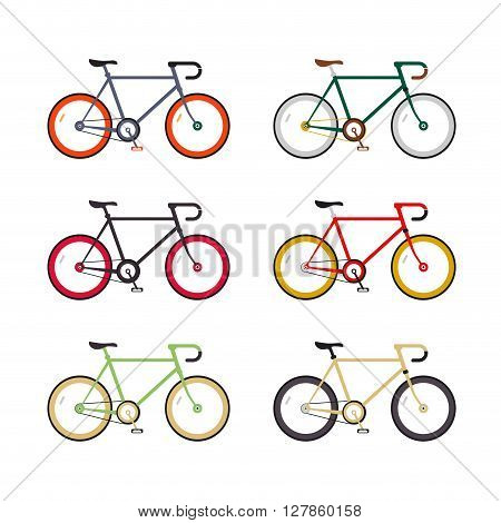 Hipster single speed bikes set. City bicycles with fixed gear. Different color schemes. Linear flat design icons.