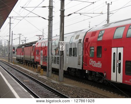 VIENNA AUSTRIA - CIRCA MAY 2014: A train on railroad railway for mass transit public transport