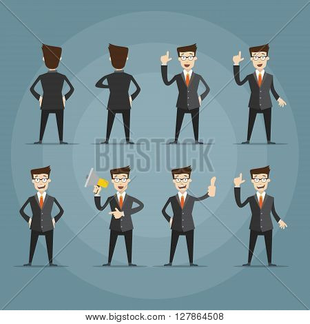 businessman with a megaphone in a suit and tie tells and shows