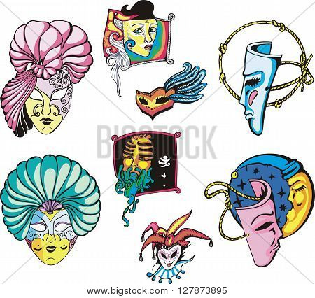 Venetian Carnival Masks Set. Color vector illustrations.