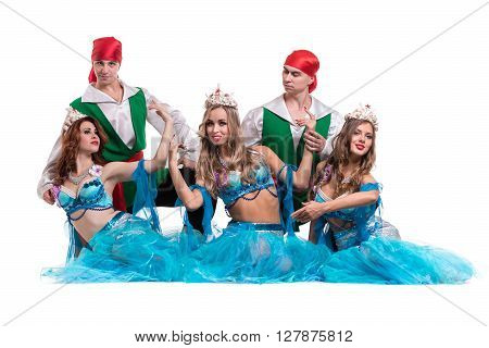 Carnival dancer team dressed as mermaids and pirates. Retro fashion style, isolated on white background in full length.