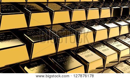 Golden bars. Precious metal ingots. Business background. Finance and banking concept. 3D illustration.