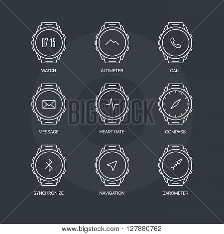 Smart watch functions thin line icons set on dark background. Exclusive gadget outline sign vector illustration. 
Premium quality digital clock web simple symbol collection.