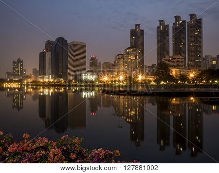 Night light with modern building and flower foreground in the park beside lake at Bangkok Thailand (Benchakitti Park)