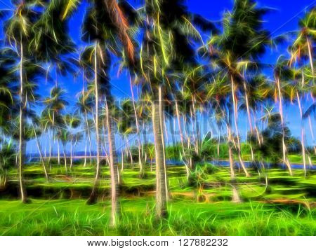 Digital illustration - Palm trees in an unreal neon glow of light, colorful landscape with palm trees, palm tree forest illustration, tropical garden picture, sea and coco palm trees on the beach