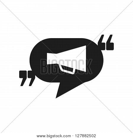 Vector icon with quote speech balloon and megaphone. Black mark and bullhorn symbol. Feedback form template. Business dialog pictogram. Isolated comma design.